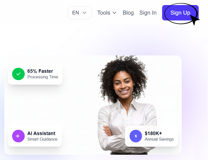 Website navigation Website navigation with language menu, links, and a Sign Up button.