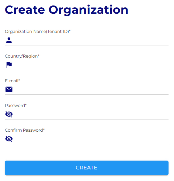 Create organization Create organization form with fields for name, country, email, and password.