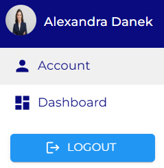 User menu User menu with name, account, and logout.