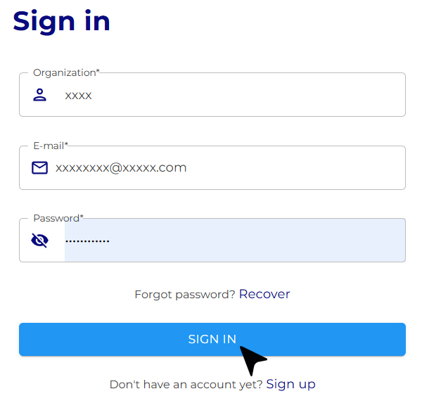 Anmeldeseite Anmeldebildschirm mit einem Anmeldeformular mit Feldern für Organisation, E-Mail-Adresse und Passwort, einschließlich eines Links "Passwort vergessen?" und einer blauen Schaltfläche "Anmelden".