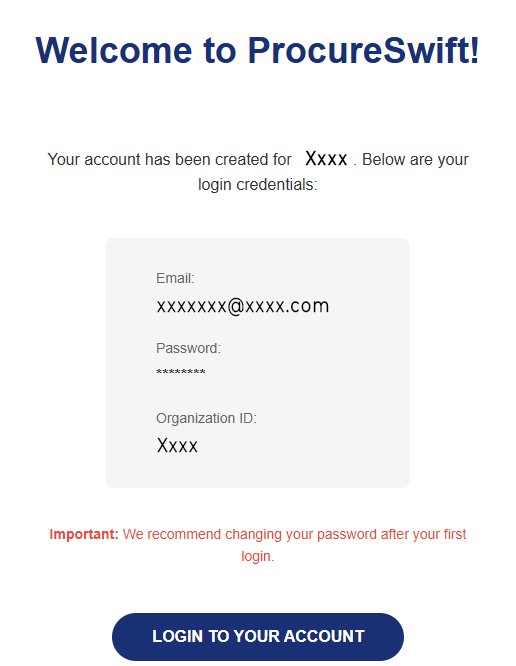 Account created Welcome screen showing login details and a login button.