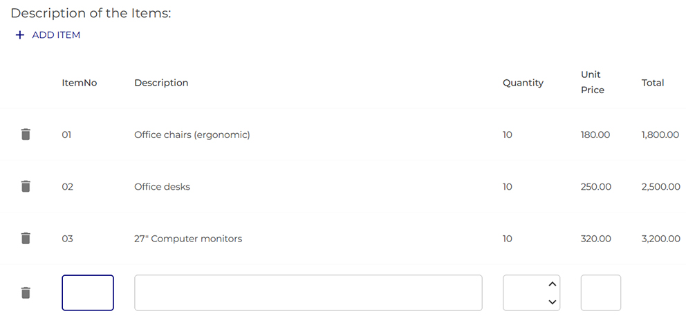 Items table with office equipment.