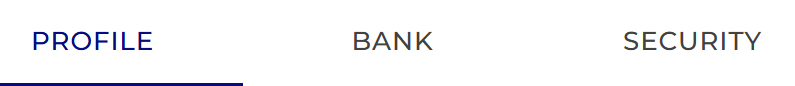 Onglets des paramètres Onglets pour profil, banque et sécurité.