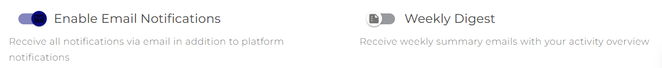 Nastavenia notifikácií Prepínače e-mailových notifikácií a týždenného prehľadu.
