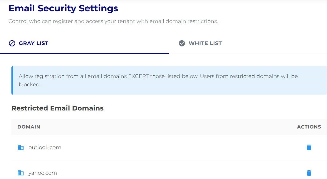 Email security settings with domain restrictions.